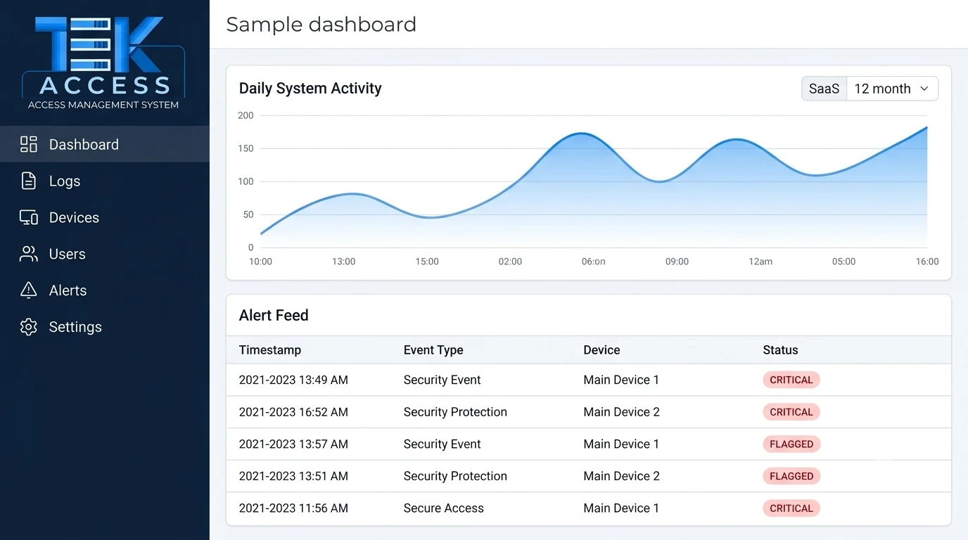 Sample TEKACCESS dashboard showing access events and alerts from multiple sites