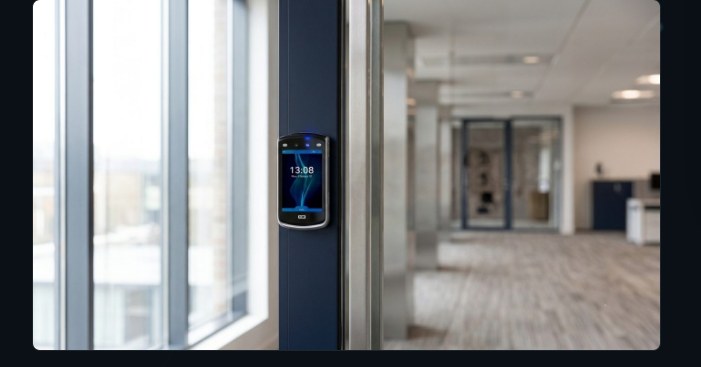 Access control reader mounted beside a glass office door, with a modern office corridor visible beyond it